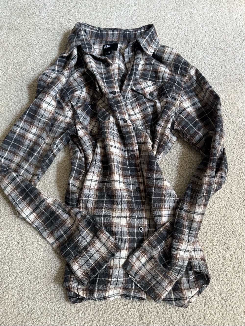 RSQ Women’s Plaid Button-Down Shirt in Gray and Cream